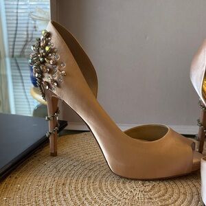 ANTONIO MELANI Champagne Satin Peep-Toe Heels with Crystal Embellishment